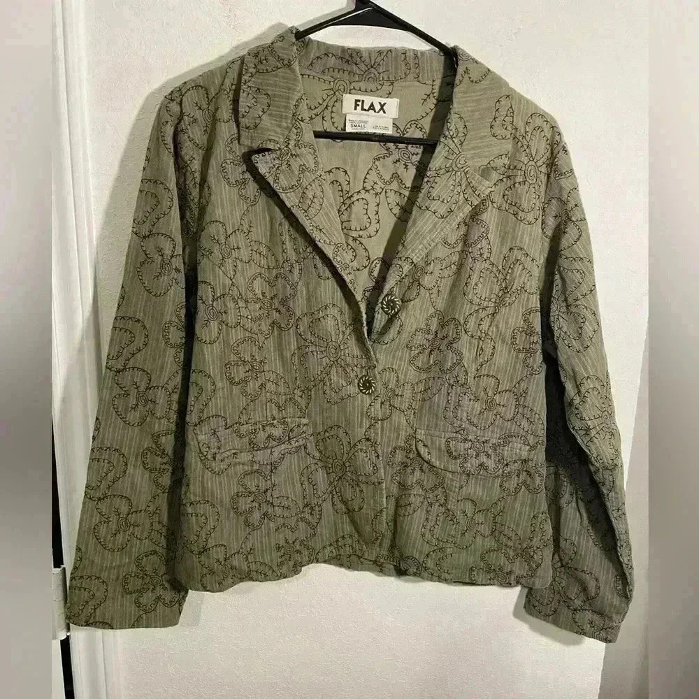 FLAX Olive Green Embroidered Shamrock Pocketed Blazer Jacket Womens Size Small
